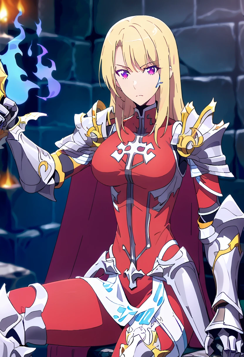 score_9, score_8_up, score_7_up,
ChaHaeInSL,
1girl, solo, closed mouth,
blonde hair, medium hair, purple eyes,
ChaHaeInArmor, red bodysuit, shoulder armor, gauntlets, armored boots, military, pelvic curtain, holding sword,
(standing:1.2), looking at the viewer, crossed legs,
indoors, dungeon, stone wall, wall, stone, blurry background, (blue fire, torch:1.2)