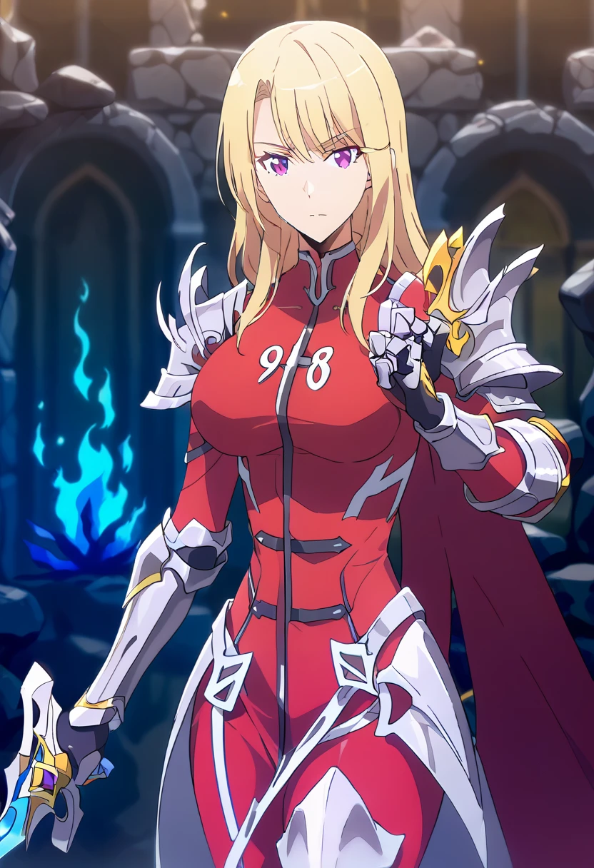 score_9, score_8_up, score_7_up,
ChaHaeInSL,
1girl, solo, closed mouth,
blonde hair, medium hair, purple eyes,
ChaHaeInArmor, red bodysuit, shoulder armor, gauntlets, armored boots, military, pelvic curtain, holding sword,
(standing:1.2), looking at the viewer, crossed legs,
indoors, dungeon, stone wall, wall, stone, blurry background, (blue fire, torch:1.2)