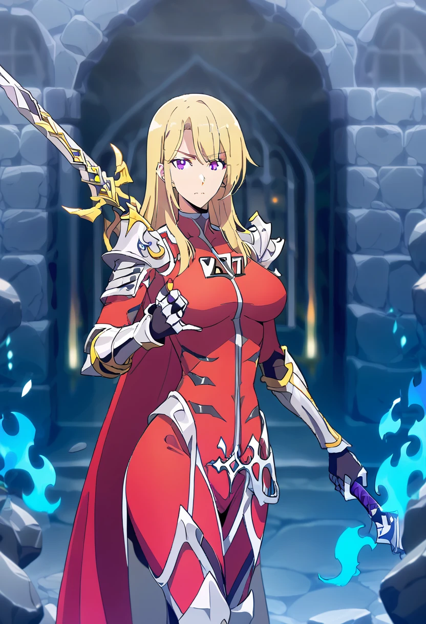 score_9, score_8_up, score_7_up,
ChaHaeInSL,
1girl, solo, closed mouth,
blonde hair, medium hair, purple eyes,
ChaHaeInArmor, red bodysuit, shoulder armor, gauntlets, armored boots, military, pelvic curtain, holding sword,
(standing:1.2), looking at the viewer, crossed legs,
indoors, dungeon, stone wall, wall, stone, blurry background, (blue fire, torch:1.2)