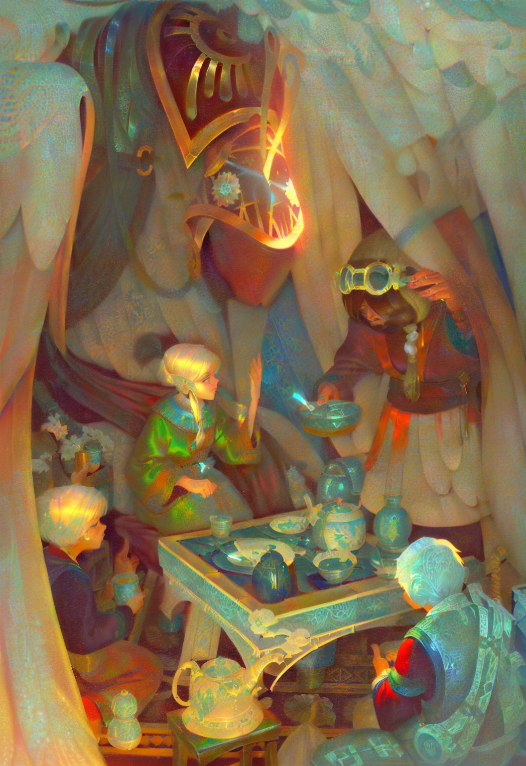 there is a painting of a man and a woman sitting at a table, Posuka Demizu, mœbius and mohrbacher, Charles Vess. high détail, final fantasy tactics character, ghibli mœbius, final fantasy tactics, colorful illustration, James Jean Marc Simonetti, Peter Chung + mœbius + lazy, by Charles Vess, lodoss