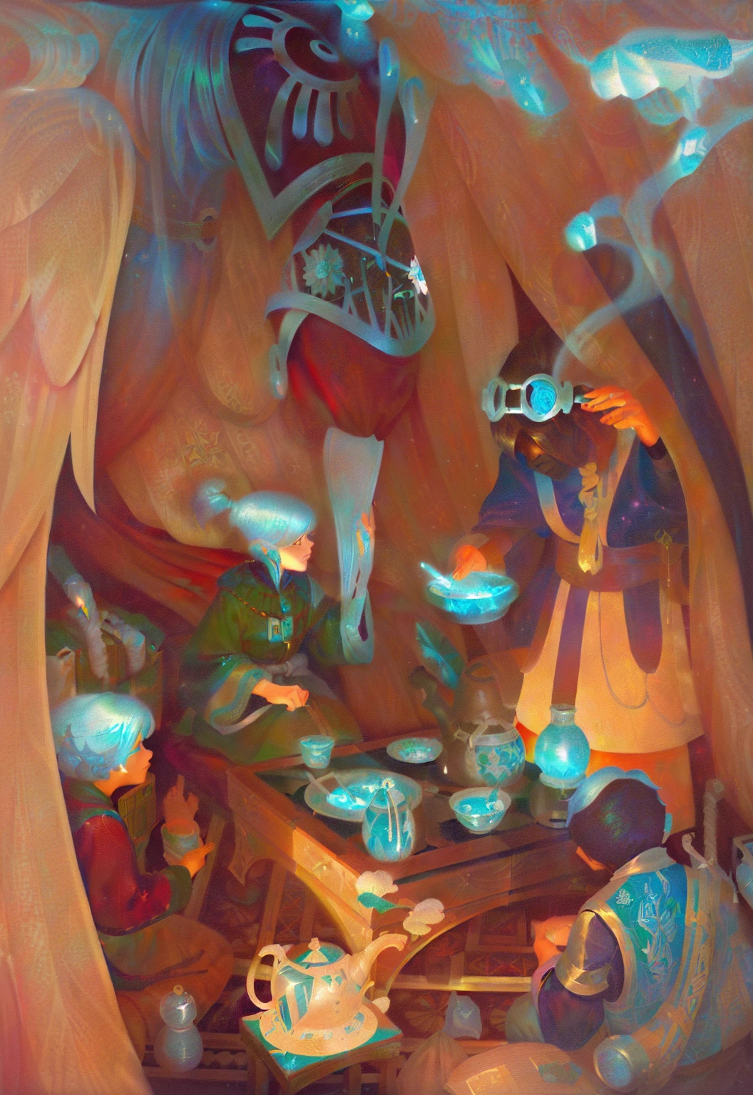 there is a painting of a man and a woman sitting at a table, Posuka Demizu, mœbius and mohrbacher, Charles Vess. high détail, final fantasy tactics character, ghibli mœbius, final fantasy tactics, colorful illustration, James Jean Marc Simonetti, Peter Chung + mœbius + lazy, by Charles Vess, lodoss