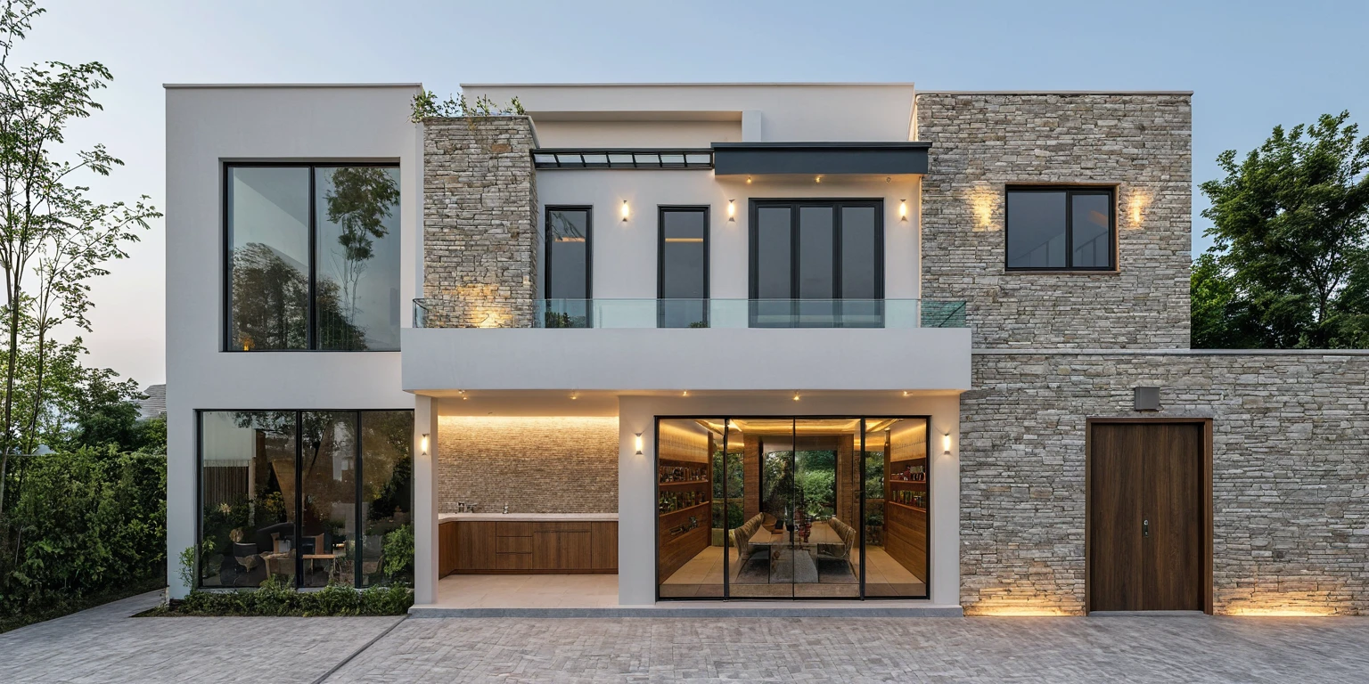 a two-story townhouse, minimalist architecture, bright house colors, stone wall accents, afternoon ambient light, interior lights turned on, hyper-realistic photo rendering, detailed furniture, cinematic lighting, photorealistic, high resolution, 8k, extremely detailed, masterpiece, architectural digest, natural daylight, modern design, clean lines, minimalist aesthetic