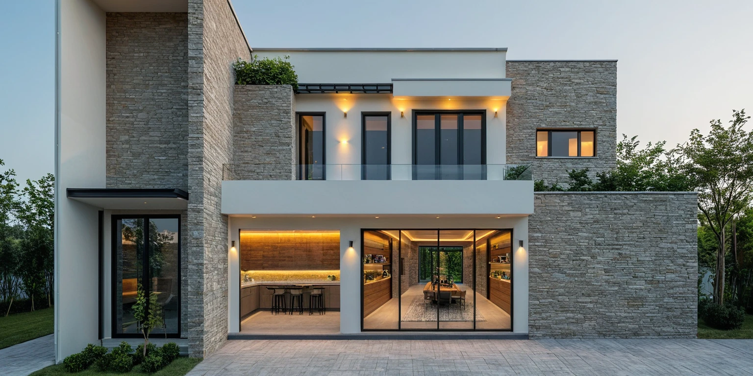 a two-story townhouse, minimalist architecture, bright house colors, stone wall accents, afternoon ambient light, interior lights turned on, hyper-realistic photo rendering, detailed furniture, cinematic lighting, photorealistic, high resolution, 8k, extremely detailed, masterpiece, architectural digest, natural daylight, modern design, clean lines, minimalist aesthetic
