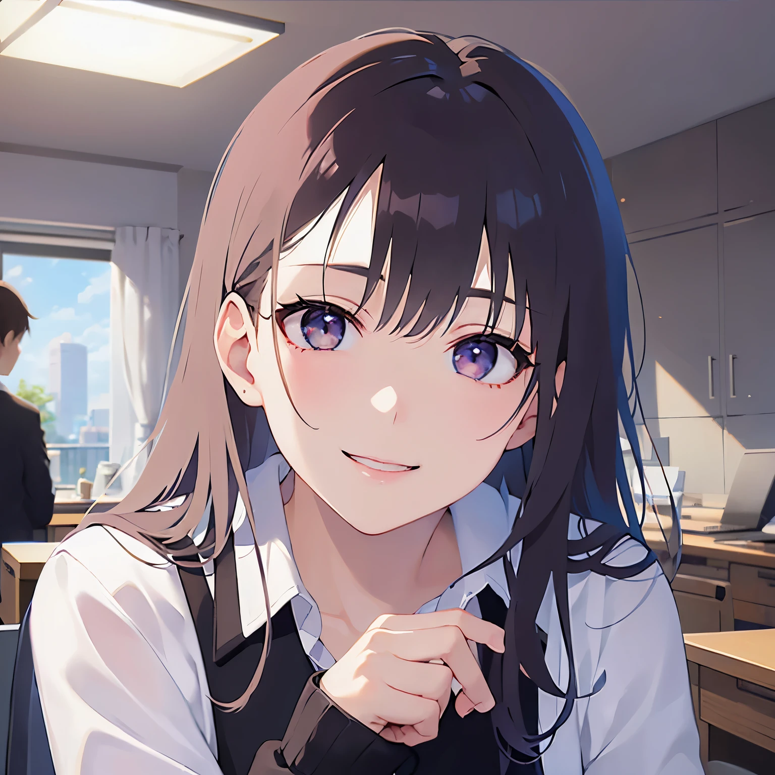 (looking at viewer:1.5),Looking up,(hand on own ear:1.5)、head tilt,
Realistic, real person, (pale skin: 1.2), RAW photo, photorealistic, shiny skin, shiny hair、
(A 25-year-old woman with straight hair and bangs) and (medium hair) and (black hair) and (purple eyes) ,
(Wearing a business suit) and (Wearing a white collared shirt)、
(smile:1.5),Background is an office room、Alone、Are standing、