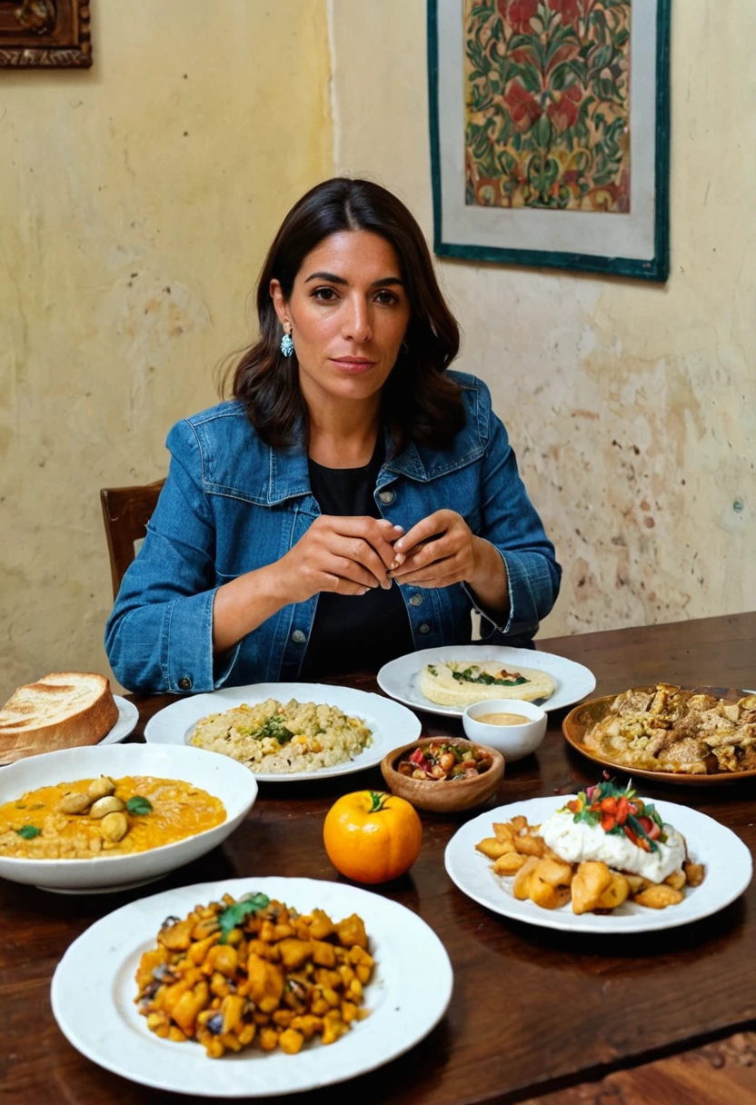 There is a woman sitting at a table with a plate of food, ormagda tres gurza, 3 0 year old woman, by Gina Pellón, lorena avarez, Carla Ortiz, by Glòria Muñoz, pillar, by Ramón Silva, by Hugo Sánchez Bonilla, monserrat gudiol