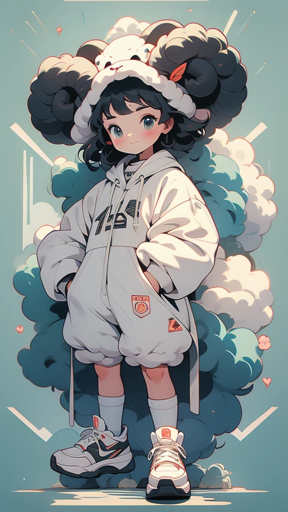 Sheep themed characters, Wearing big sneakers, サイバーパンク, Ram's horn, Keep the background simple, Magazine cover design, パステルピンクのイメージカラー, cloud hair, light smile, closed eyes, projected inset, UHD, highres, best quality, 8k