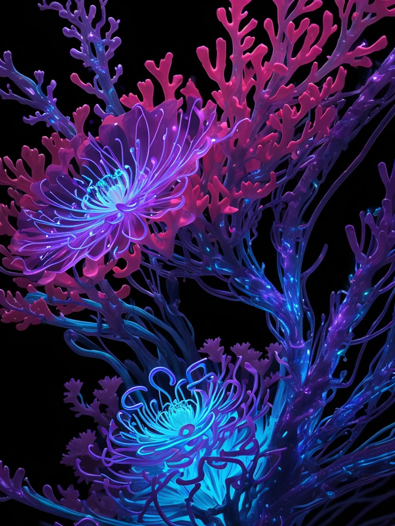 a close up of a flower with neon lights on it, radiating atomic neon corals, twirling glowing sea plants, harmony of neon glowing coral, neon color bioluminescence, neon bioluminescence, filled with bioluminescence, purple and blue neons, neon jellyfish, glowing neon flowers, purple bioluminescence
