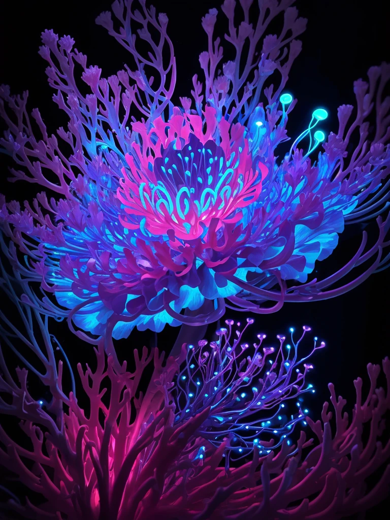 a close up of a flower with neon lights on it, radiating atomic neon corals, twirling glowing sea plants, harmony of neon glowing coral, neon color bioluminescence, neon bioluminescence, filled with bioluminescence, purple and blue neons, neon jellyfish, glowing neon flowers, purple bioluminescence