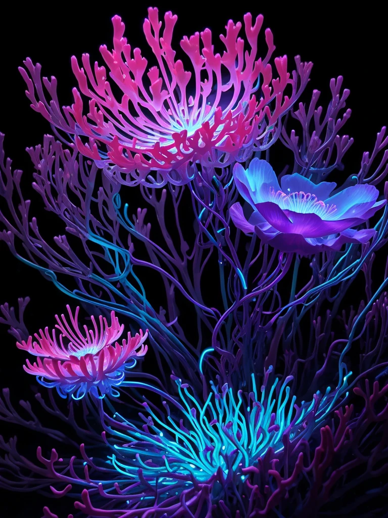 a close up of a flower with neon lights on it, radiating atomic neon corals, twirling glowing sea plants, harmony of neon glowing coral, neon color bioluminescence, neon bioluminescence, filled with bioluminescence, purple and blue neons, neon jellyfish, glowing neon flowers, purple bioluminescence