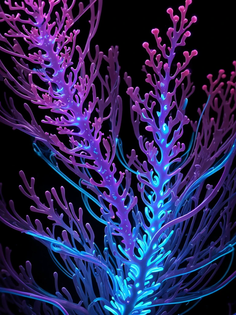 a close up of a flower with neon lights on it, radiating atomic neon corals, twirling glowing sea plants, harmony of neon glowing coral, neon color bioluminescence, neon bioluminescence, filled with bioluminescence, purple and blue neons, neon jellyfish, glowing neon flowers, purple bioluminescence