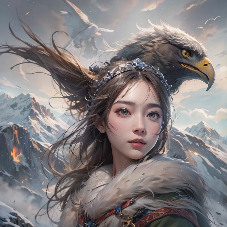 Hiding in the snowy mountains、Hair Flow、 ((Highest quality、masterpiece、8k、Best image quality、Ultra-high resolution、Award-winning works)、(Accurate anatomy:1.1)、(Look at me and smile:1.1)、Shining fair skin with Ultra-high resolution、The most detailed face、Ultra-high resolution detailed face、Ultra-high resolutionの髪の毛、(Ultra-high resolutionの煌めく瞳:1.1)、Beautiful face drawn in every detail、(Blurred Background:1.1)、Ancient Inuit clothing, Chest to chest, tattoo, Old ruins in the background、Apart from the real giant eagle