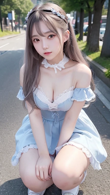 ((The photo shows her from the knees up.))、blush,Long white hair、Squat down、 open your legs、(())、,(White and light blue gothic lolita fashion),choker,loafers、Chest、Belly button、Hips、Street,(8k, RAW Photos, Highest quality, The pieces fly:1.2), (reality, Realistic:1.4), (非常に詳細な8k壁紙),  Sharp focus, Depth of written border, Cinema Lighting, Soft Light, Detailed beauty eyes,Asymmetrical bangs, Glowing Skin, Highly detailed skin ,High resolution, Attention to detail, Detailed hairstyle, Detailed beauty face, Hyper Real, Perfect limbs, Perfect Anatomy ,1 Japanese girl,Famous Japanese Idols, Perfect female body,A shy smile,Long eyelashes,double eyelid,Look straight here、Street,Stand up straight and face me,,look straight at me,,Small breasts