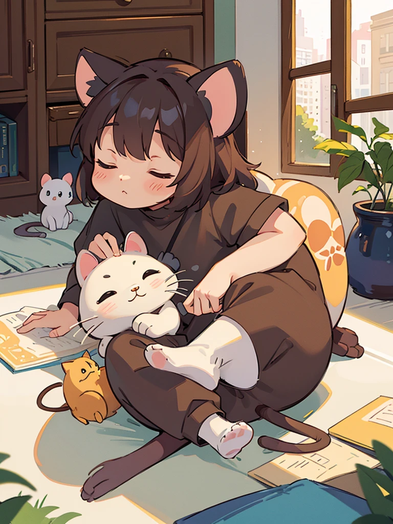Highest quality, masterpiece, Cat and mouse taking a nap, I feel safe when you're nearby, Friendly, cute, cute pose, Pastel color fluffy image effect background, The most beautiful girl of all time、Little