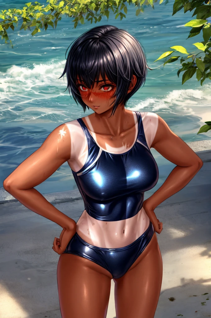 8k, high quality, ultra quality, ultra detailed, Absurd, BREAK 1人の女の子, 18_ years_ old, tomboy, BREAK (muscle:0.5), (Black Hair, Pixie Cut Tan, Sunburn lines, Dark skinned women, Dark Skin:1.3), (gigantic 胸), shiny hair, shiny skin, oily, BREAK ((competition swimsuit)), (pleased:1.2), (1girl standing, cowboy shot:1.3), (contrasted, One hand on hip:1.5), outside, beach, evening, (ass pov), (from above, high angle, looking ahead:1.5), 