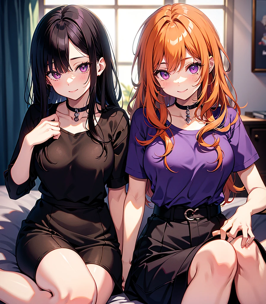 (2 people)Anime Couples,woman on left:Black Hair,man on right:Orange Hair,room,smile,Purple eyes,beautiful,Highest quality