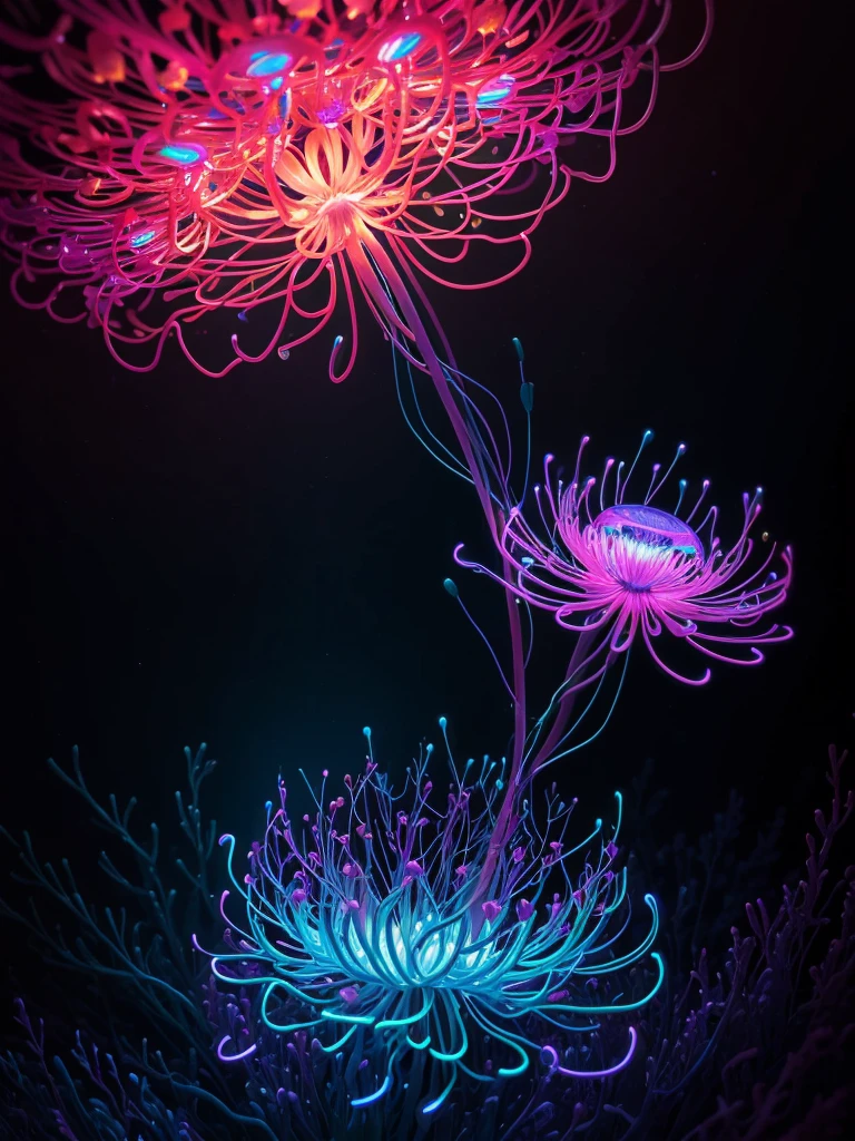 a close up of a flower with neon lights on it, a digital rendering by Bruce Munro, flickr, conceptual art, radiating atomic neon corals, twirling glowing sea plants, harmony of neon glowing coral, neon color bioluminescence, neon bioluminescence, filled with bioluminescence, purple and blue neons, neon jellyfish