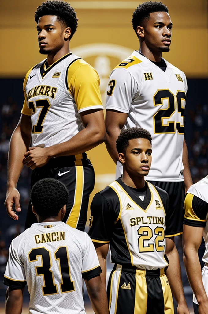 White sports uniforms, black and gold