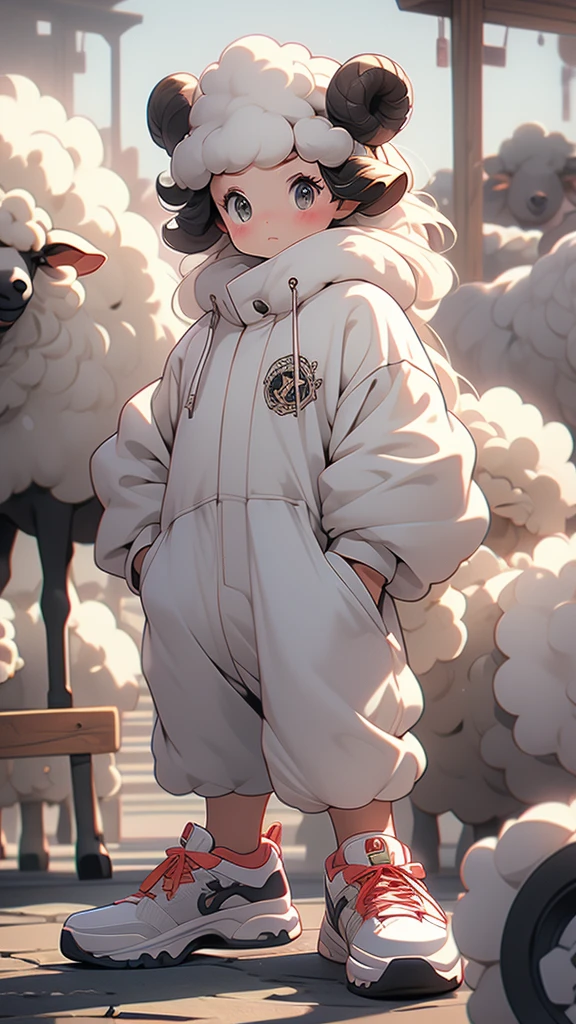 Sheep themed characters, Wearing big sneakers, サイバーパンク, Ram's horn, Keep the background simple, Magazine cover design, パステルピンクのイメージカラー, cloud hair, light smile, closed eyes, projected inset, UHD, highres, best quality, 8k