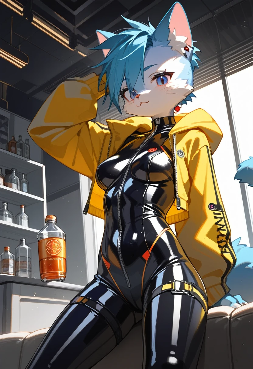 Highest quality, Highest quality, High quality illustrations, masterpiece, Ultra-high resolution, Detailed Background, room, Absurd, Perfect Anatomy, performance, Good lighting, Shadows in the movies(kemono, Furry PersonifiCation), Cat, Rubber Suit, latex, neon, neonライト, neonカラー, Bodysuits, Cyber Suit, cyber punk, Yellow Rubber Hoodie, Sit on the sofa, Drink a bottle, Earrings, Tattoo, Dynamic Angle