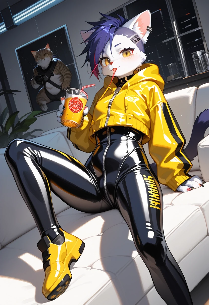 Highest quality, Highest quality, High quality illustrations, masterpiece, Ultra-high resolution, Detailed Background, room, Absurd, Perfect Anatomy, performance, Good lighting, Shadows in the movies(kemono, Furry PersonifiCation), Cat, Rubber Suit, latex, neon, neonライト, neonカラー, Bodysuits, Cyber Suit, cyber punk, Yellow Rubber Hoodie, Sit on the sofa, Drink a bottle, Earrings, Tattoo, Dynamic Angle