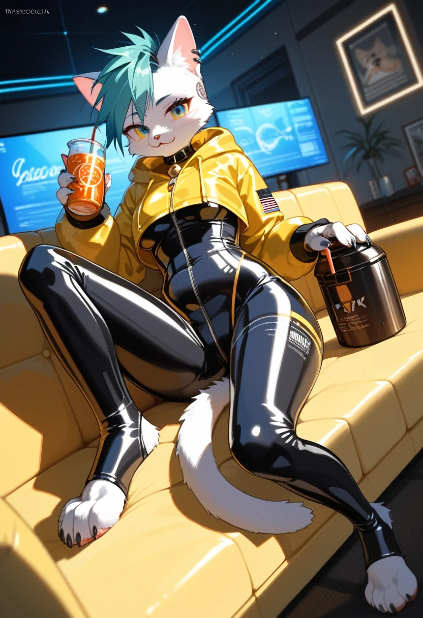 Highest quality, Highest quality, High quality illustrations, masterpiece, Ultra-high resolution, Detailed Background, room, Absurd, Perfect Anatomy, performance, Good lighting, Shadows in the movies(kemono, Furry PersonifiCation), Cat, Rubber Suit, latex, neon, neonライト, neonカラー, Bodysuits, Cyber Suit, cyber punk, Yellow Rubber Hoodie, Sit on the sofa, Drink a bottle, Earrings, Tattoo, Dynamic Angle