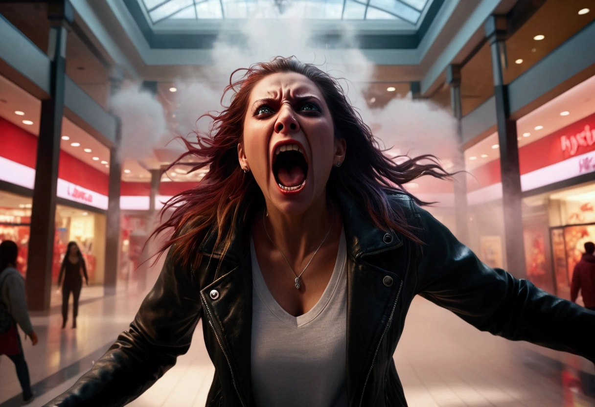 a woman screaming in terror, liquid metal coalescing into a bloodthirsty demon, busy shopping mall, hyper realistic, cinematic lighting, dramatic shadows, volumetric fog, vibrant colors, unreal engine, photorealistic, detailed facial features, expressive eyes, highly detailed, 8k, masterpiece, cinematic composition, dramatic atmosphere, intense contrast, moody lighting