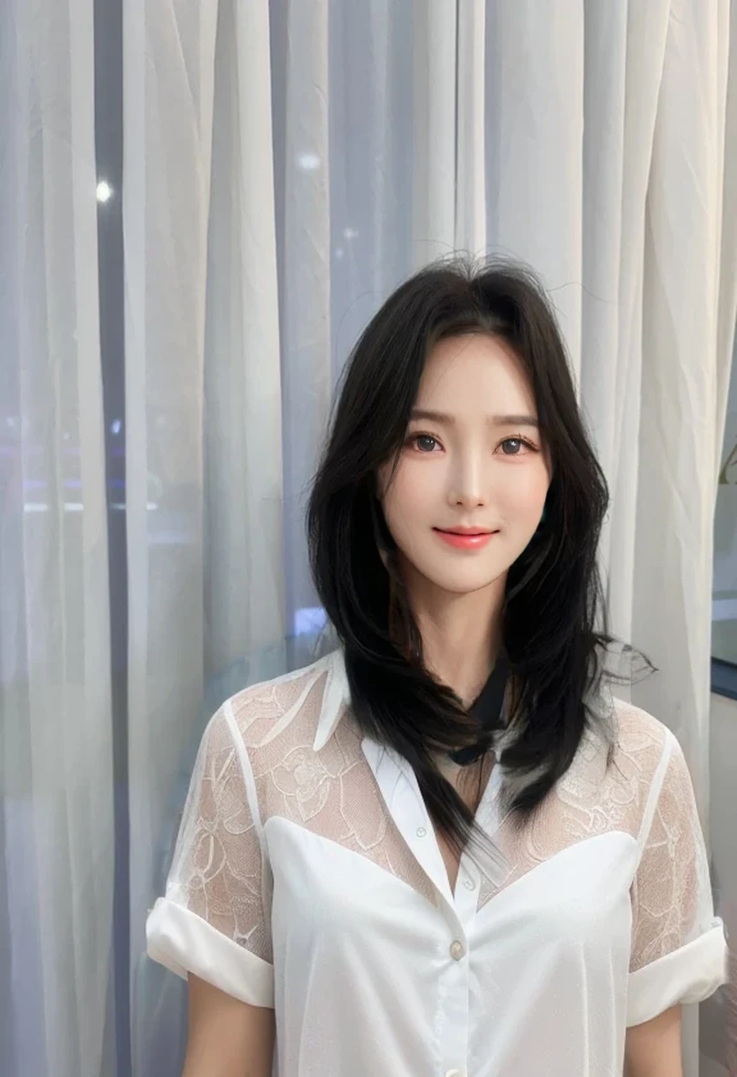 Best Quality, 8k, Masterpiece, (Portrait: 1.3), (photo realistic:1.4), (hyper realistic:1.4), Sharp Focus, looking at viewer, (smoother lighting:1.1), (increase cinematic lighting quality:0.9), realistic lighting, backlighting, light on face, ray trace, (brightening light:1.2), (Increase quality:1.4), sharp detail, (best quality real texture skin:1.4), finely detailed eyes, black_eyes, finely detailed face, 30 year old Korean woman
smiling_face