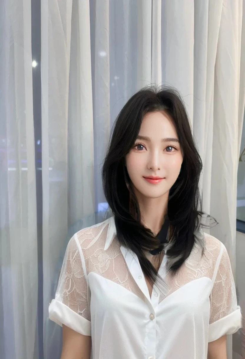Best Quality, 8k, Masterpiece, (Portrait: 1.3), (photo realistic:1.4), (hyper realistic:1.4), Sharp Focus, looking at viewer, (smoother lighting:1.1), (increase cinematic lighting quality:0.9), realistic lighting, backlighting, light on face, ray trace, (brightening light:1.2), (Increase quality:1.4), sharp detail, (best quality real texture skin:1.4), finely detailed eyes, black_eyes, finely detailed face, 30 year old Korean woman
smiling_face