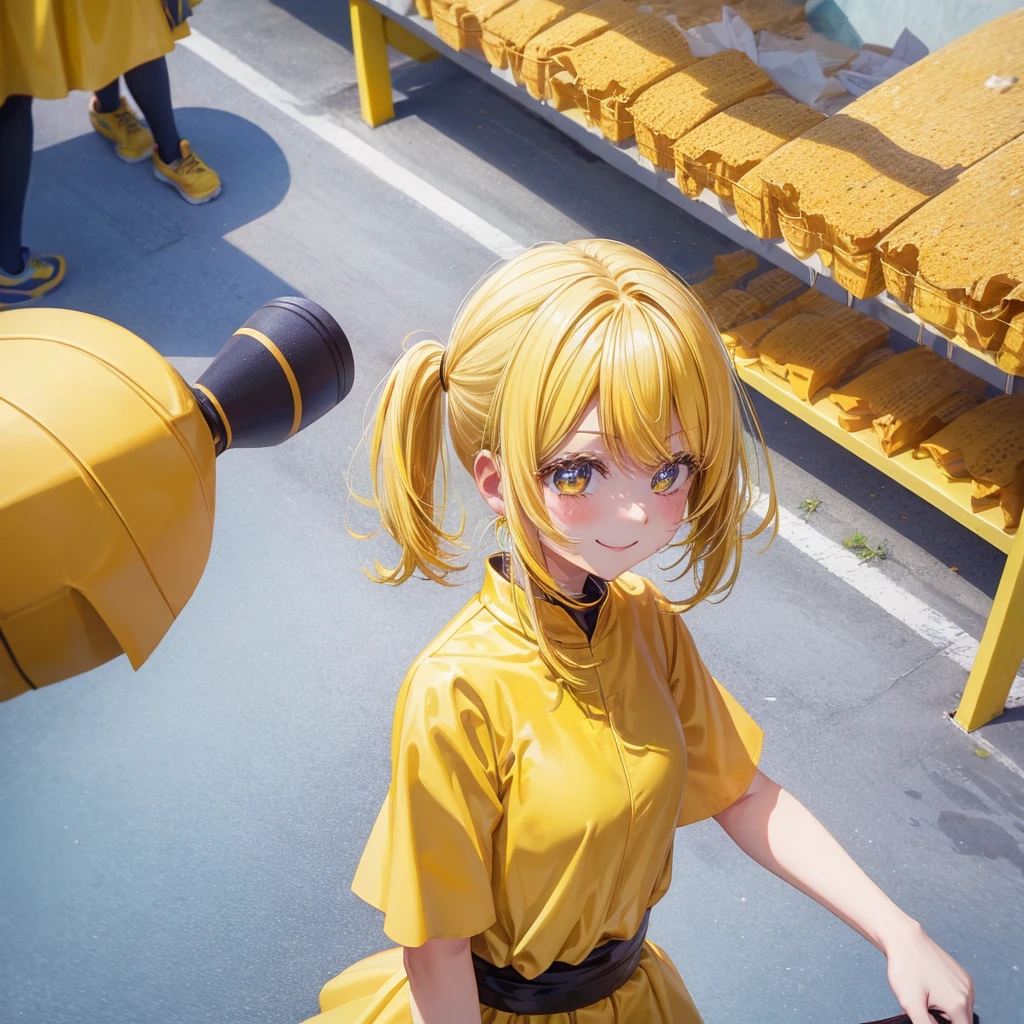 A clumsy, yellow-haired girl wearing yellow clothes。Looking at the camera and smiling shyly。