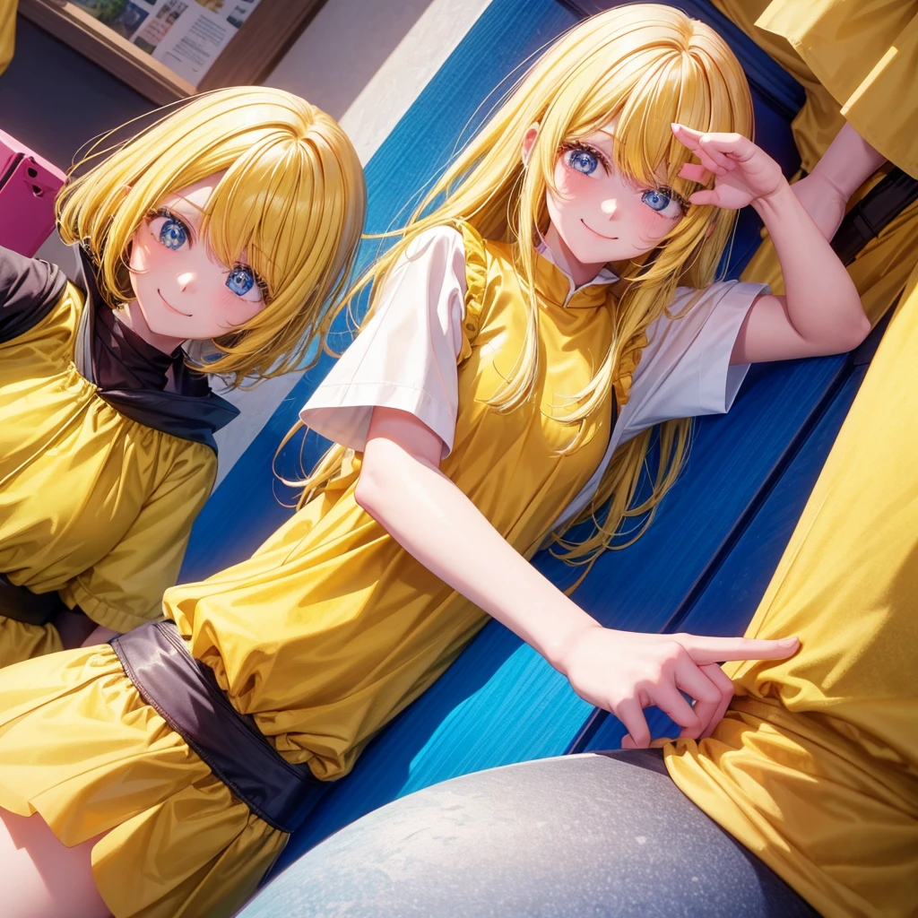 A clumsy, yellow-haired girl wearing yellow clothes。Looking at the camera and smiling shyly。