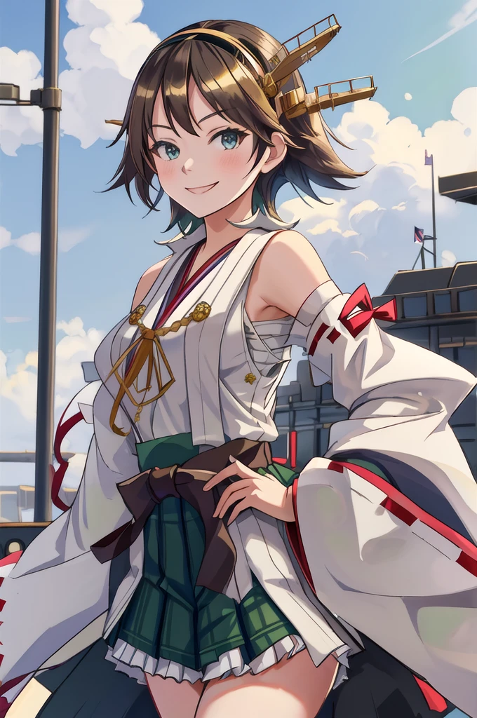 Highest quality, masterpiece, High resolution, alone, {Mount Hiei_Fleet Collection:1.15}, オレンジ色hair, hairband, headgear, Non-traditional_Shrine maiden, smile, green_eye, Inverted up_hair, smile, One Girl, dependent_sleeve, green_skirt, Plaid, Plaid_skirt, ribbon-trimmed_sleeve, ribbon_trim, skirt, Office Background, 