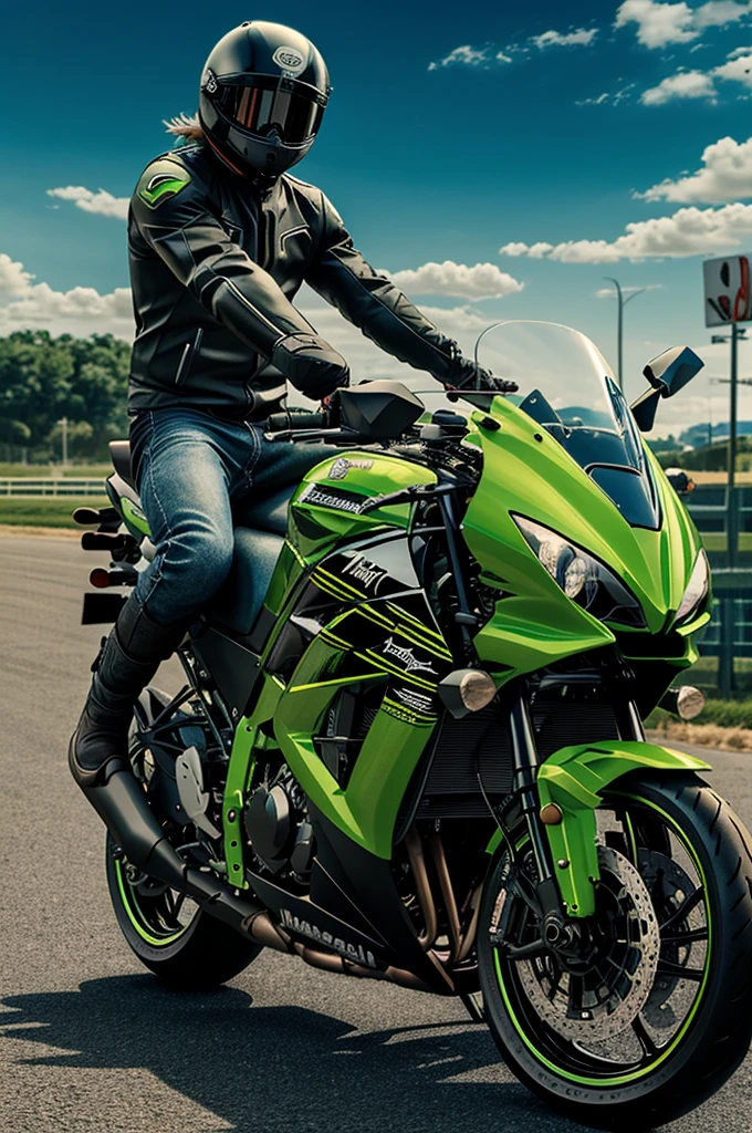 create an image of a Kawasaki H2R motorcycle from Bojack horseman, the horse and the dog looking at the motorcycle through a glass 