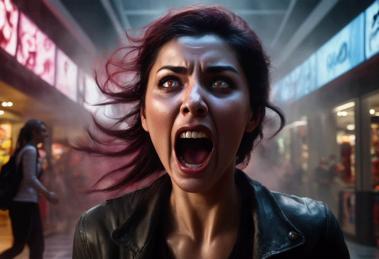a woman screaming in terror, liquid metal coalescing into a bloodthirsty demon, busy shopping mall, hyper realistic, cinematic lighting, dramatic shadows, volumetric fog, vibrant colors, unreal engine, photorealistic, detailed facial features, expressive eyes, highly detailed, 8k, masterpiece, cinematic composition, dramatic atmosphere, intense contrast, moody lighting
