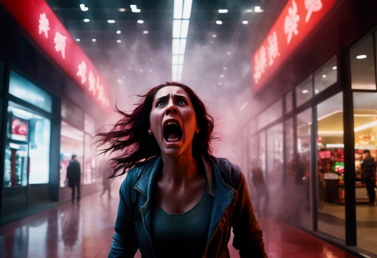 a woman screaming in terror, liquid metal coalescing into a bloodthirsty demon, busy shopping mall, hyper realistic, cinematic lighting, dramatic shadows, volumetric fog, vibrant colors, unreal engine, photorealistic, detailed facial features, expressive eyes, highly detailed, 8k, masterpiece, cinematic composition, dramatic atmosphere, intense contrast, moody lighting
