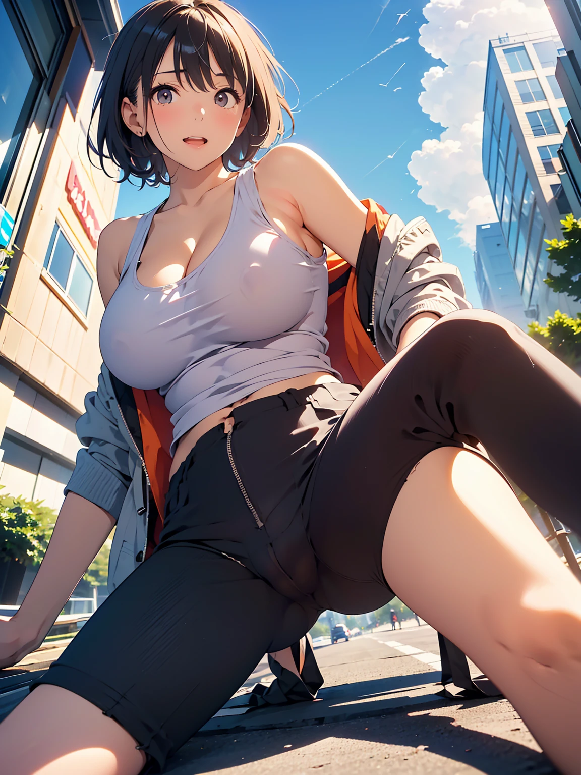 Tabletop, Highest quality, Realistic, In detail, High resolution, 8k wallpaper, Perfect dynamic composition, Beautiful attention to detail, (short Hair, Shiny hair, wave), Hair blowing in the wind, Big ample breasts, cleavage, Random pose, ((cute and thin jacket)), (cute and sexy tank top, Stylish black, pants)、(Breast bulge:1.3), Laughter, Cityscape, Walking around Tokyo, ((Sitting, Spread your legs wide)), 23 years old、(Droopy eyes)、Adult Beauty、Japanese, ((from below, Photo from a camera placed on the ground)),