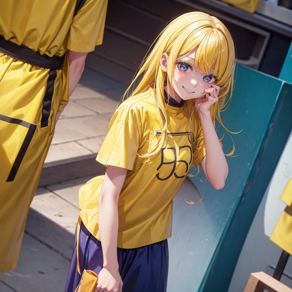 A clumsy, yellow-haired girl wearing yellow clothes。Looking at the camera and smiling shyly。