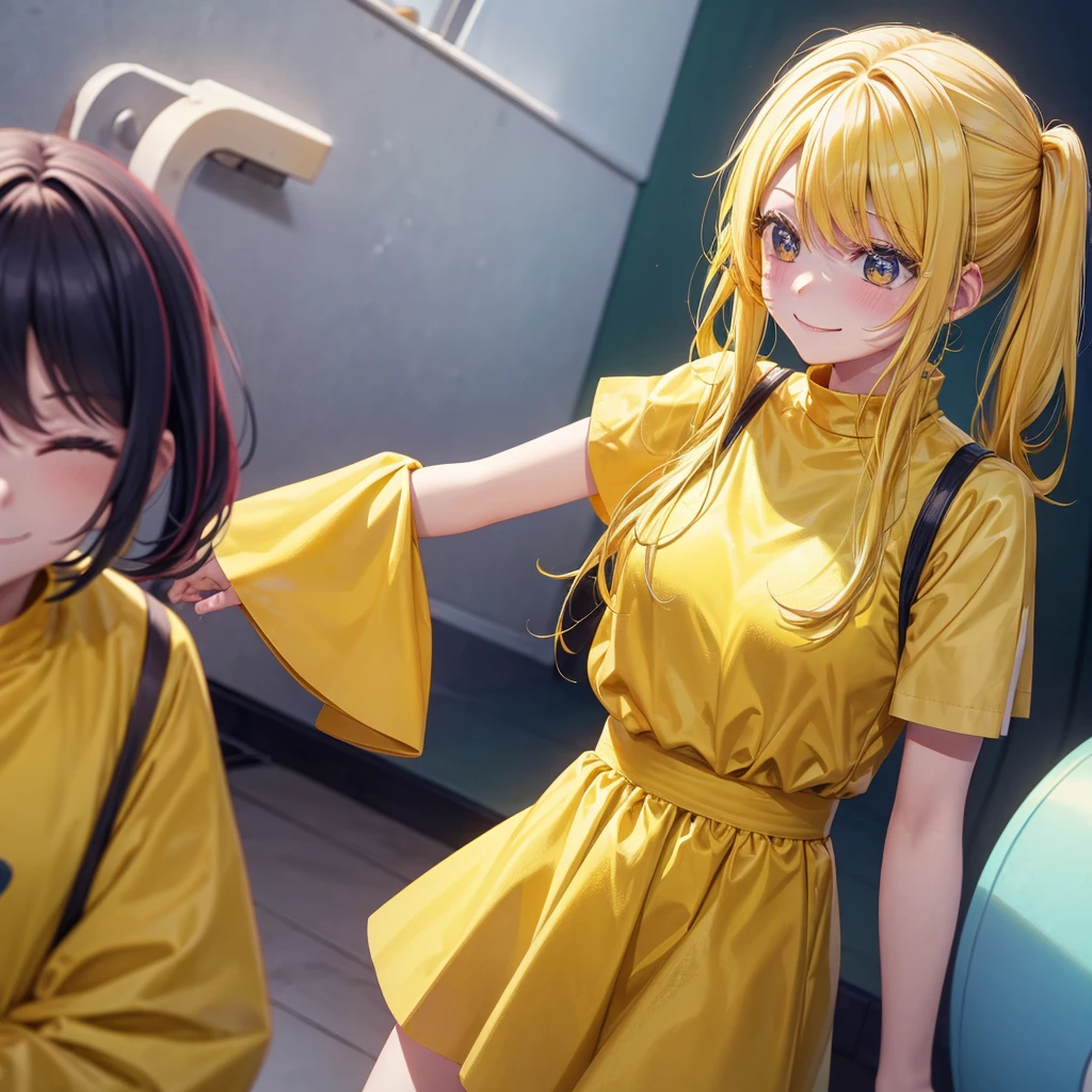 A clumsy, yellow-haired girl wearing yellow clothes。Looking at the camera and smiling shyly。
