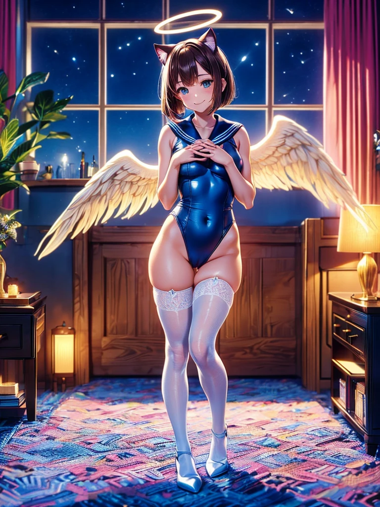Highest quality,Highest Resolution,Smiling cat-eared girl in sailor leotard,White angel wings on your back,Halo,High leg,Knee-high stockings,front,whole body,Standing posture,up,Very beautiful eyes,(((Put your hands out in front of you))),Bedroom,Night view outside the window,Brown hair short bob,