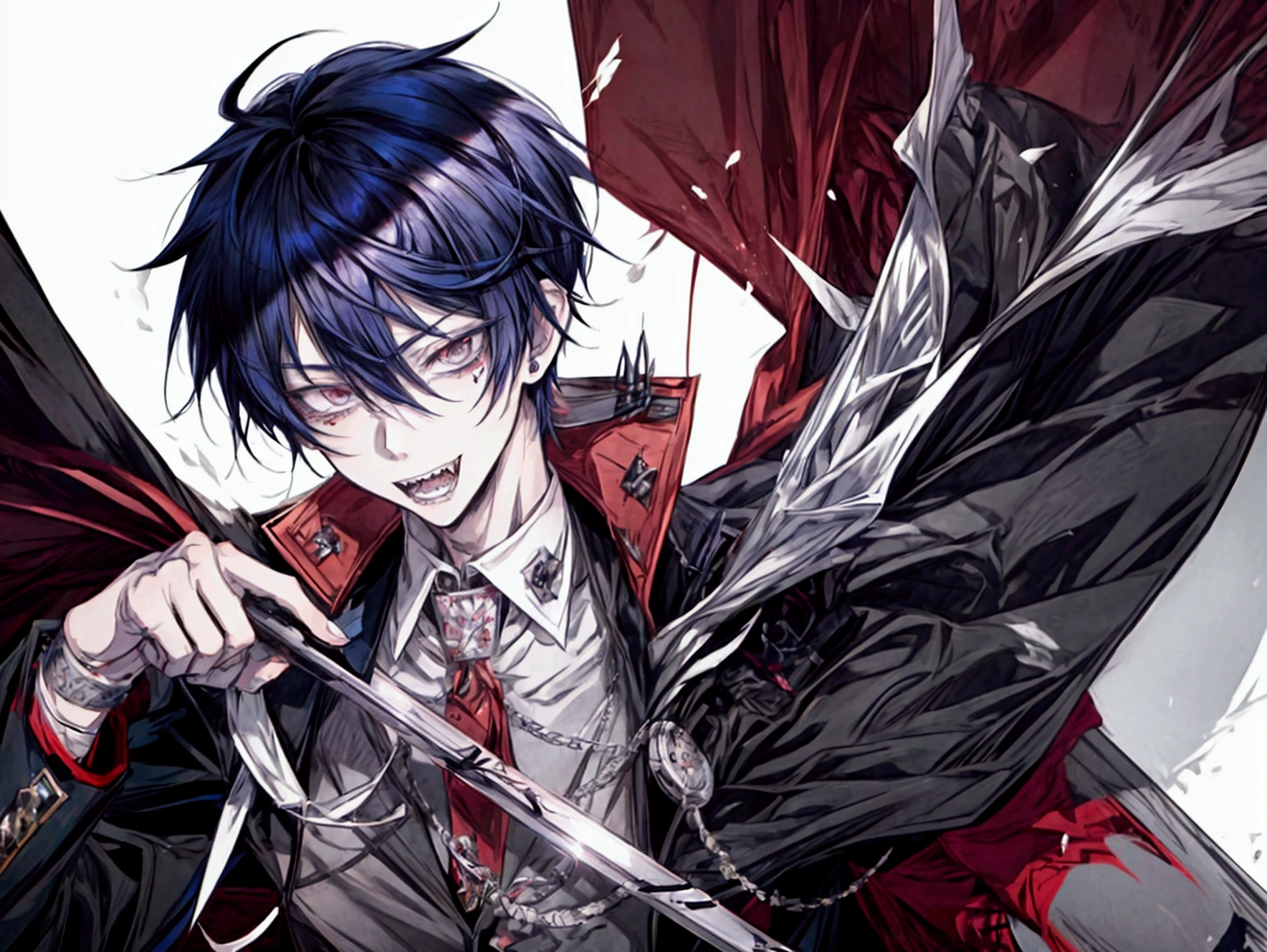 Anime boy with sharp teeth and many peircings, school boy, crazy male, attractive, sharp eyes, eyebags, shaggy hair, crazy facial expression, punk clothing style, character sheet, character reference sheet