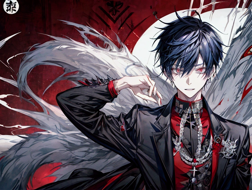 Anime boy with sharp teeth and many peircings, school boy, crazy male, attractive, sharp eyes, eyebags, shaggy hair, crazy facial expression, punk clothing style, character sheet, character reference sheet