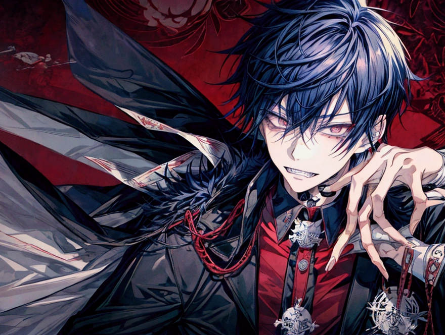 Anime boy with sharp teeth and many peircings, school boy, crazy male, attractive, sharp eyes, eyebags, shaggy hair, crazy facial expression, punk clothing style, character sheet, character reference sheet
