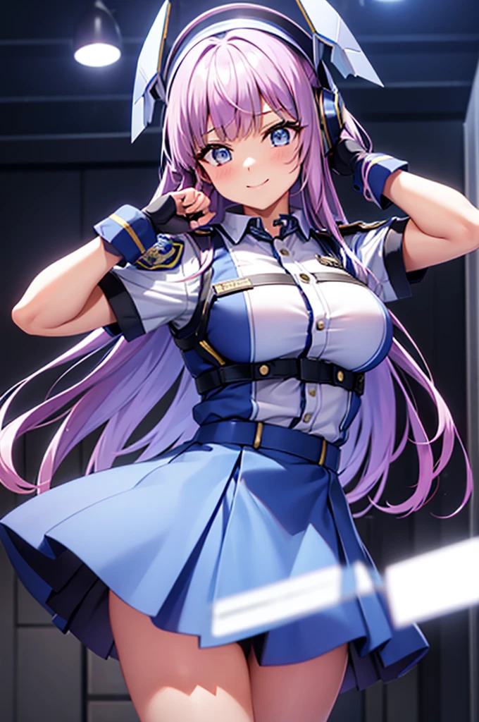 mecha wings、Blue Skirt、Accentuated thighs、chest、Light purple hair、1 girl、solo girl、IS、Frame Arms Girl、Alice Gere Aegis、White Armor、Pink Line、income、headphone、hand on own chest、smile、Miike Naeko,One girl,alone,police,police ユニフォーム,police woman