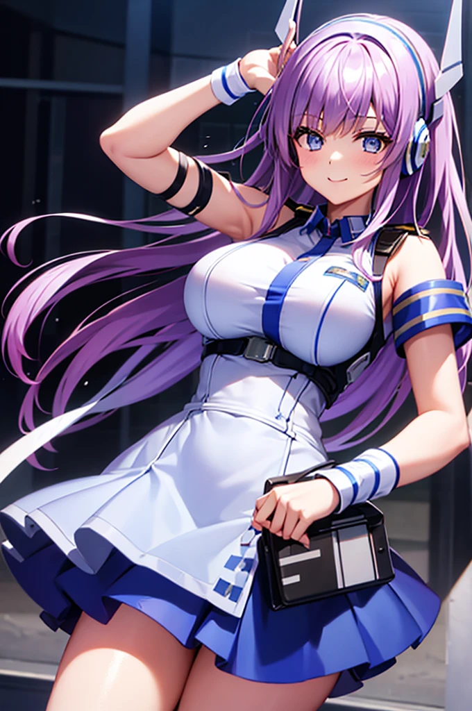 mecha wings、Blue Skirt、Accentuated thighs、chest、Light purple hair、1 girl、solo girl、IS、Frame Arms Girl、Alice Gere Aegis、White Armor、Pink Line、income、headphone、hand on own chest、smile、Miike Naeko,One girl,alone,police,police ユニフォーム,police woman