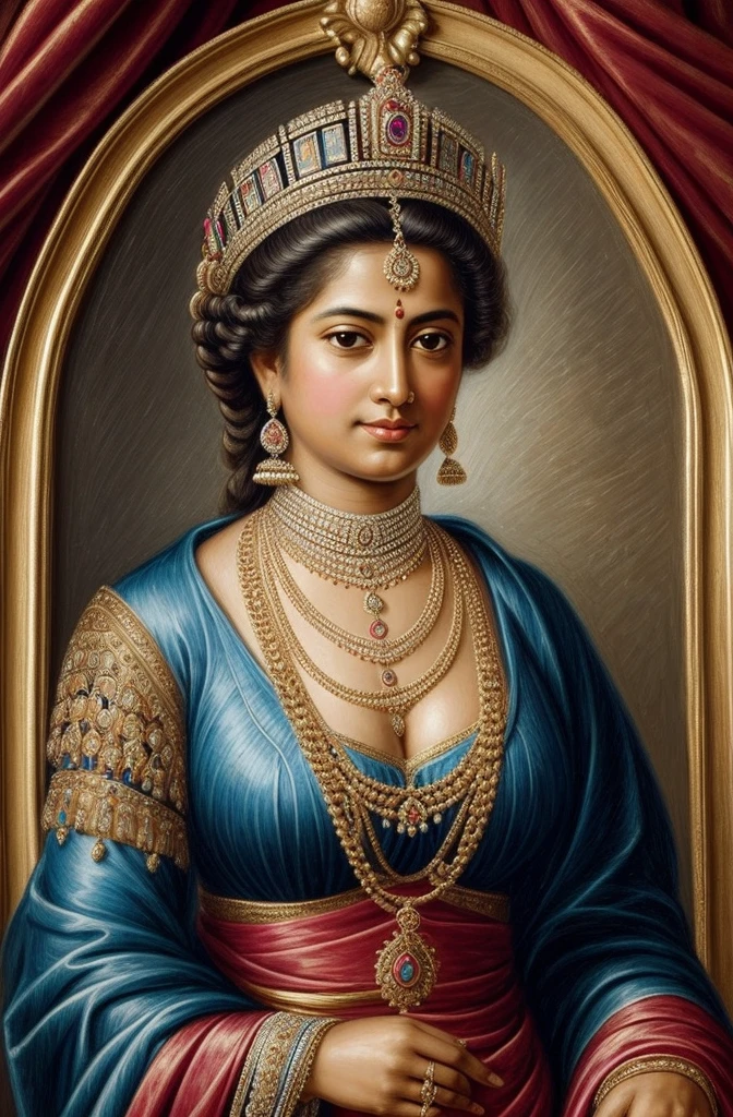 Make a painting, using inspiration from Peter Paul Rubens, of a robust, well-proportioned Indian queen who exudes strength, confidence, and regality. Fluffy hair, unbounded hair,
Imagine a strong Indian queen who is confident in her beauty and radiates grace and authority. Show her as a representation of self-acceptance and beauty, embracing the variety of body shapes and upending preconceived notions of what constitutes beautiful.
Think about using aspects of Rubens' style, like his vibrant color scheme, dramatic lighting, and luxurious, flowing textiles. Draw attention to the queen's stunning eyes, charming smile, and poised yet kind demeanor, showcasing her inherent attractiveness.
Highlight the queen's regal clothing, which is embellished with elaborate designs, vivid hues, and pricey jewels to symbolize her heightened rank. Observe closely to the features of her traditional Indian attire.