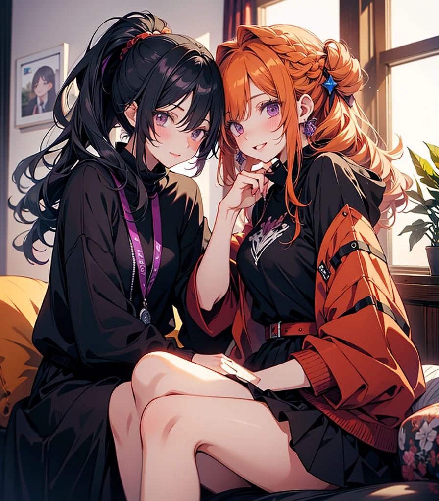 （2 people）Anime Couples,woman on left:Black Hair,man on right:Orange Hair,room,smile,Purple eyes,beautiful,Highest quality