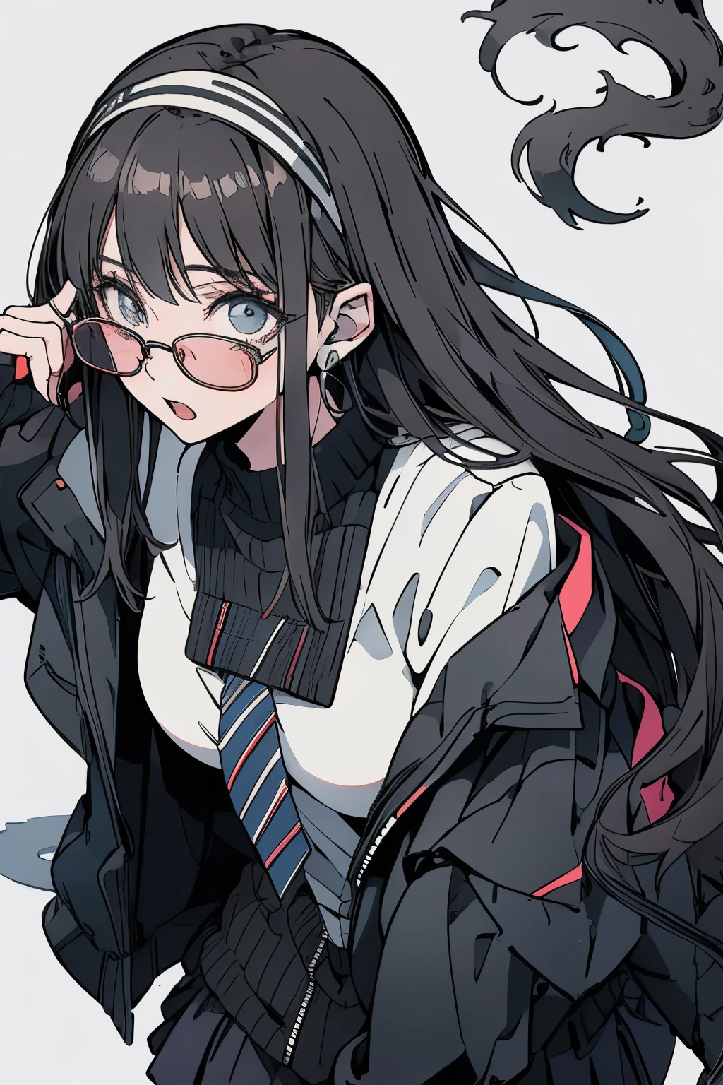 Black Hair，Glasses、Black clothes，White Background，Front right，Surprised expression，head band，Double Tail,Study at the table,praise,Chill,Private room，wallpaper，Wide Format