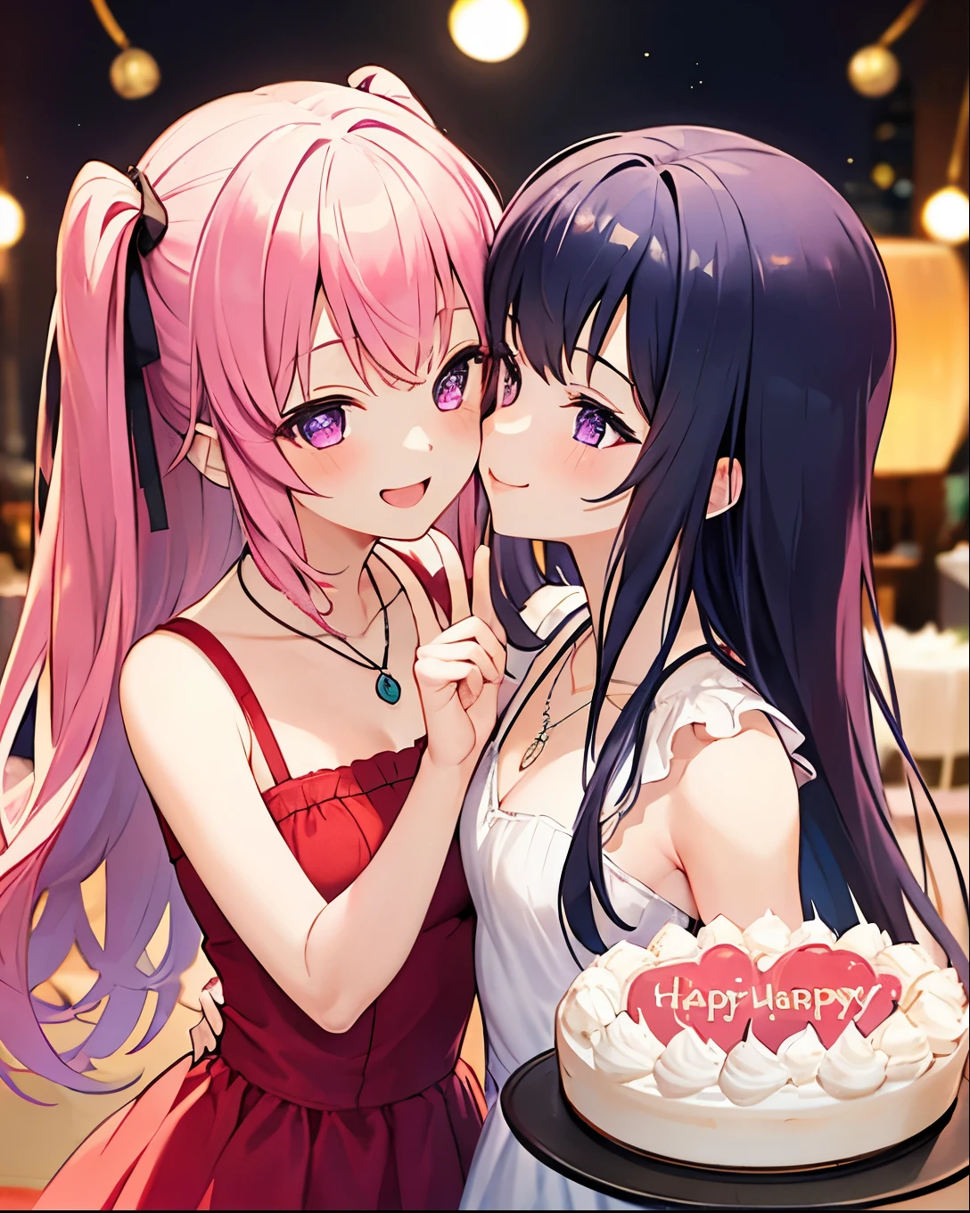 Girl、girl、cute、Clear、Hime cut、Purple eyes、necklace、Pink Hair、Long Hairstyles、cute、cute、be happy、smile、Dress up、Small breasts、Birthday Anniversary、Whole cake、smile、be happy、Pause、 Red cheeks、kiss、heart、Party Venue、Fingers in the face