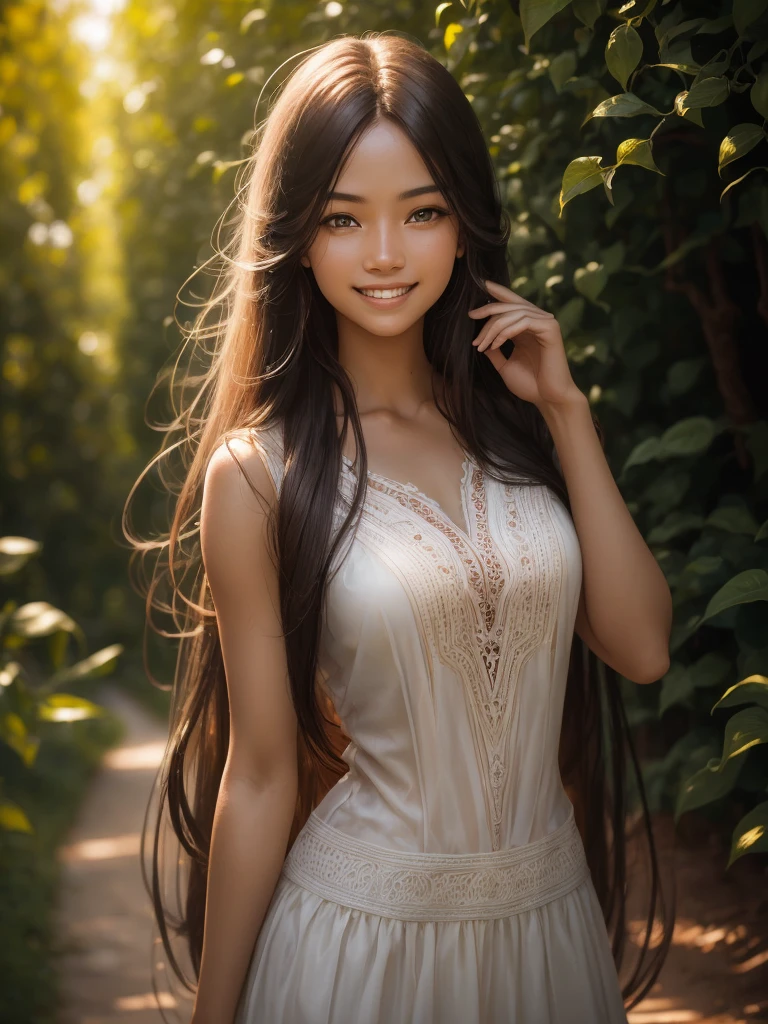 woman posing for a photo, Laugh, Happy, Long hair, Straight hair, finely detailed skin, During the day, A hot summer day, Nature lighting, detailed face:1.2, sharp focus, Hasselblad photography, masterpiece, Light makeup, cinematic lighting, 4k, best quality