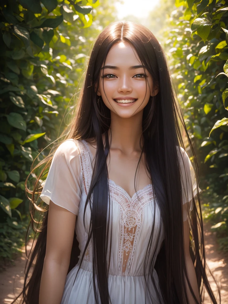 woman posing for a photo, Laugh, Happy, Long hair, Straight hair, finely detailed skin, During the day, A hot summer day, Nature lighting, detailed face:1.2, sharp focus, Hasselblad photography, masterpiece, Light makeup, cinematic lighting, 4k, best quality