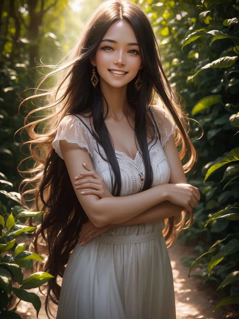 woman posing for a photo, Laugh, Happy, Long hair, Straight hair, finely detailed skin, During the day, A hot summer day, Nature lighting, detailed face:1.2, sharp focus, Hasselblad photography, masterpiece, Light makeup, cinematic lighting, 4k, best quality